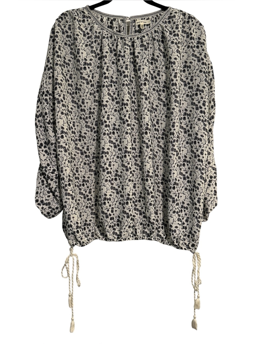 Max Studio Black and White Floral Print Blouse with Rope Ties and Ruched Sleeves